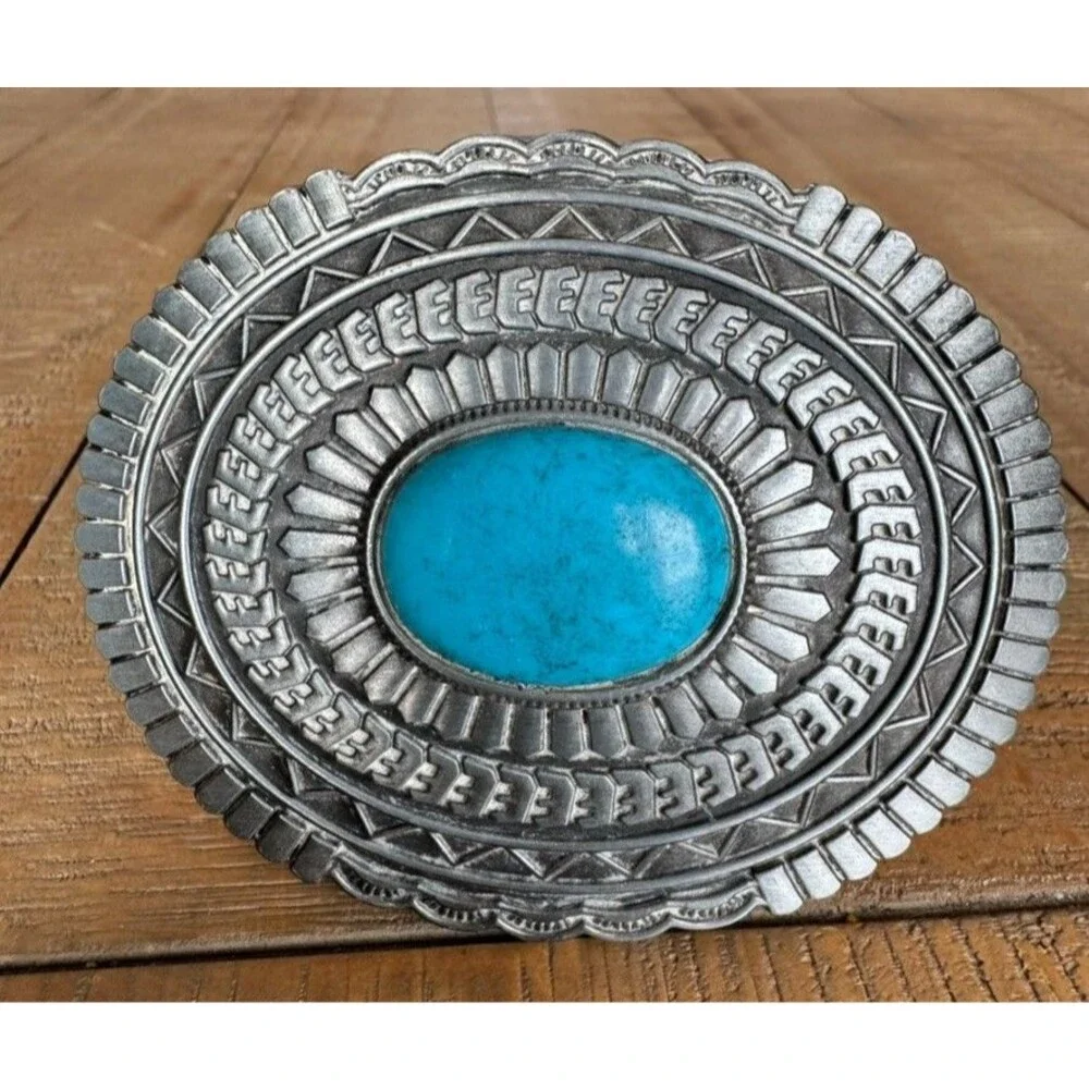 Western Style Silver Metal Turquoise Oval Belt Buckle Classic Cowboy